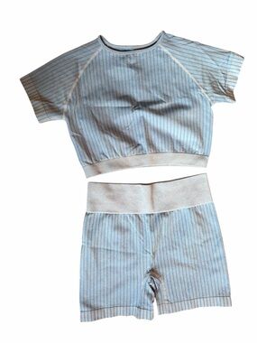 Striped Light Blue Ribbed Two-Piece Workout/Lounge Set